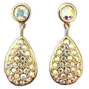 Swarovski Crystal Aurora Borealis Rhinestone Gold tone Dangle Drop Earrings